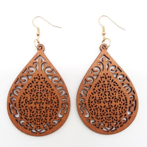 Earrings Wood Large Hollow Cut Bohemian Hindu Boho Carved Hippie Trendy Stylish - Picture 1 of 2